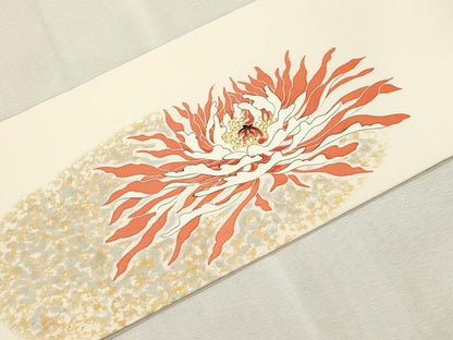 平和屋着物●塩瀬　九寸名古屋帯　作家物　手描き　舞花文　金彩　正絹　逸品　CABI7383dy
