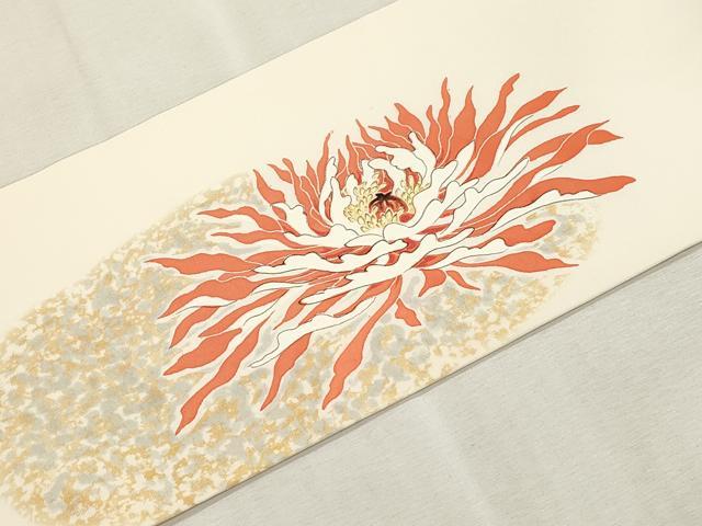 平和屋着物●塩瀬　九寸名古屋帯　作家物　手描き　舞花文　金彩　正絹　逸品　CABI7383dy