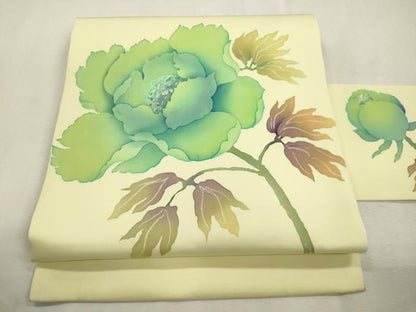 平和屋着物●塩瀬　九寸名古屋帯　ろうけつ染め　草花文　正絹　逸品　CABI7385dy