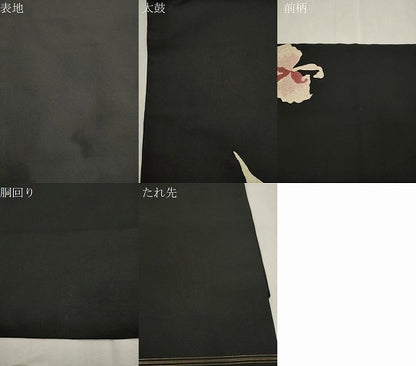 平和屋着物●九寸名古屋帯　絽刺し　区限刺繍　舞花文　黒地　金糸　正絹　逸品　CABI7386dy