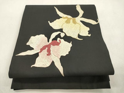 平和屋着物●九寸名古屋帯　絽刺し　区限刺繍　舞花文　黒地　金糸　正絹　逸品　CABI7386dy