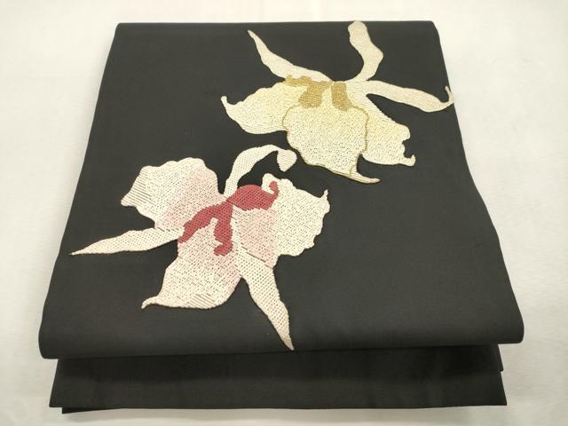 平和屋着物●九寸名古屋帯　絽刺し　区限刺繍　舞花文　黒地　金糸　正絹　逸品　CABI7386dy