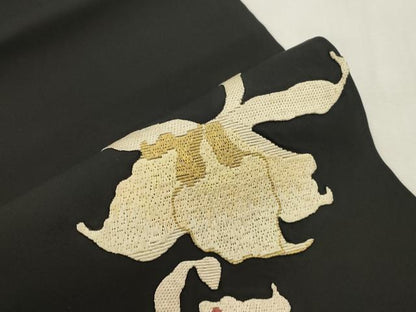 平和屋着物●九寸名古屋帯　絽刺し　区限刺繍　舞花文　黒地　金糸　正絹　逸品　CABI7386dy