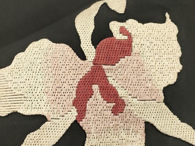 平和屋着物●九寸名古屋帯　絽刺し　区限刺繍　舞花文　黒地　金糸　正絹　逸品　CABI7386dy