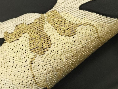 平和屋着物●九寸名古屋帯　絽刺し　区限刺繍　舞花文　黒地　金糸　正絹　逸品　CABI7386dy