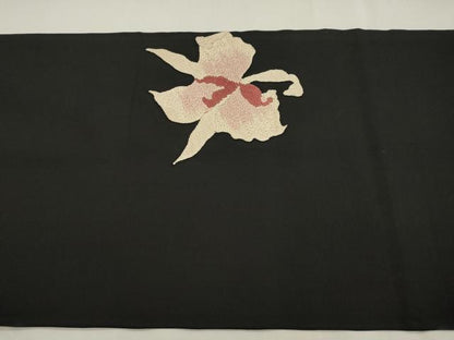 平和屋着物●九寸名古屋帯　絽刺し　区限刺繍　舞花文　黒地　金糸　正絹　逸品　CABI7386dy