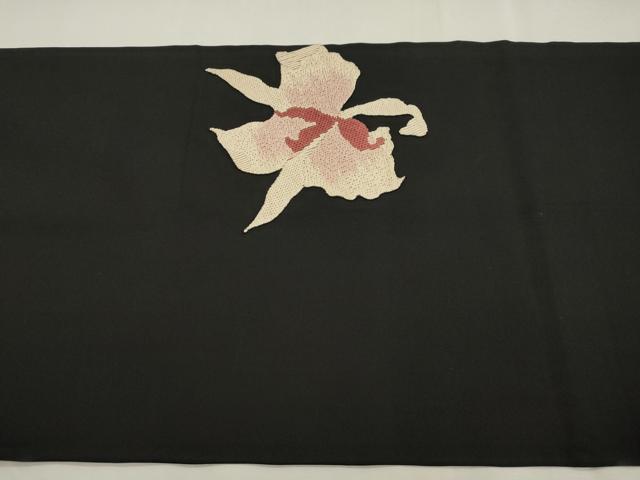 平和屋着物●九寸名古屋帯　絽刺し　区限刺繍　舞花文　黒地　金糸　正絹　逸品　CABI7386dy