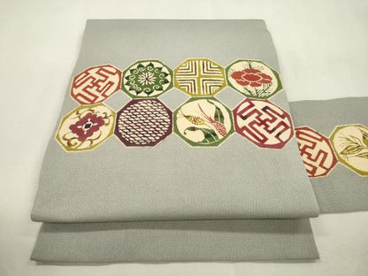 平和屋着物●九寸名古屋帯　型染め　幾何学花文　鬼しぼ縮緬　正絹　逸品　CABI7388dy