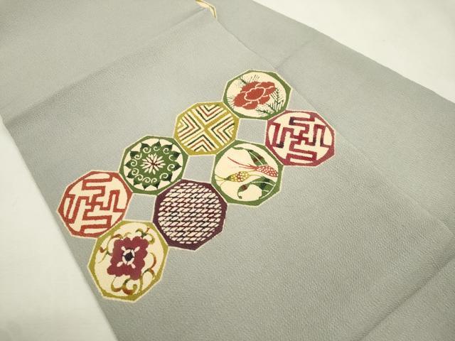 平和屋着物●九寸名古屋帯　型染め　幾何学花文　鬼しぼ縮緬　正絹　逸品　CABI7388dy