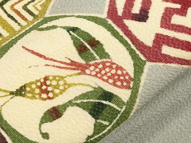 平和屋着物●九寸名古屋帯　型染め　幾何学花文　鬼しぼ縮緬　正絹　逸品　CABI7388dy