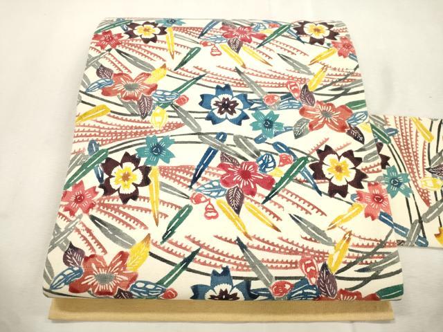 平和屋着物●九寸名古屋帯　紬地　型染め　草花文　正絹　逸品　CABI7391dy