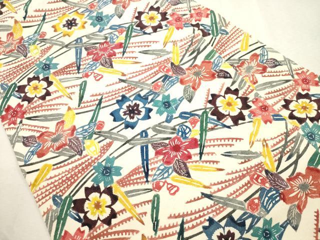 平和屋着物●九寸名古屋帯　紬地　型染め　草花文　正絹　逸品　CABI7391dy