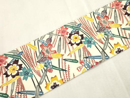 平和屋着物●九寸名古屋帯　紬地　型染め　草花文　正絹　逸品　CABI7391dy