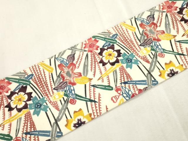 平和屋着物●九寸名古屋帯　紬地　型染め　草花文　正絹　逸品　CABI7391dy