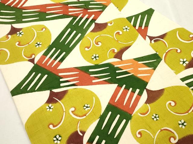 平和屋着物●九寸名古屋帯　作家物　生つむぎ　型染め　幾何学花文　逸品　CABI7394dy