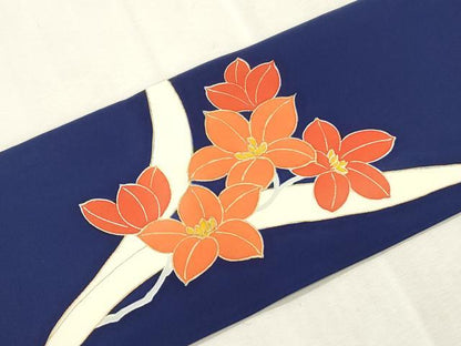 平和屋着物●塩瀬　九寸名古屋帯　駒刺繍　草花文　金彩　正絹　逸品　CABI7395dy
