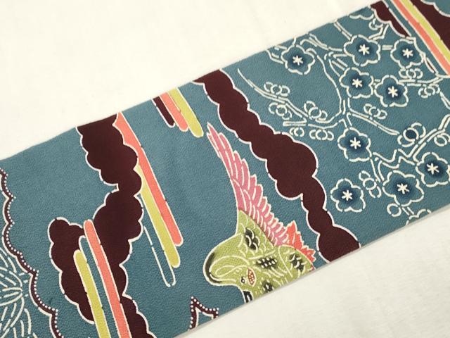 平和屋着物●全通柄九寸名古屋帯　型染め　飛鶴　松竹梅　鬼しぼ縮緬　正絹　逸品　CABI7399dy