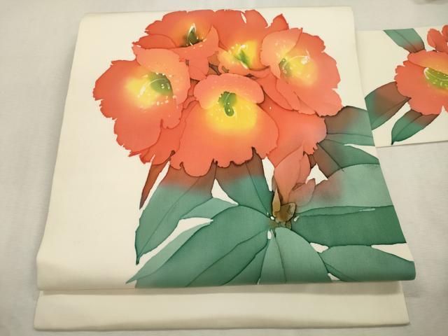 平和屋着物●塩瀬　九寸名古屋帯　作家物　ろうけつ染め　草花文　正絹　逸品　CABI7401dy