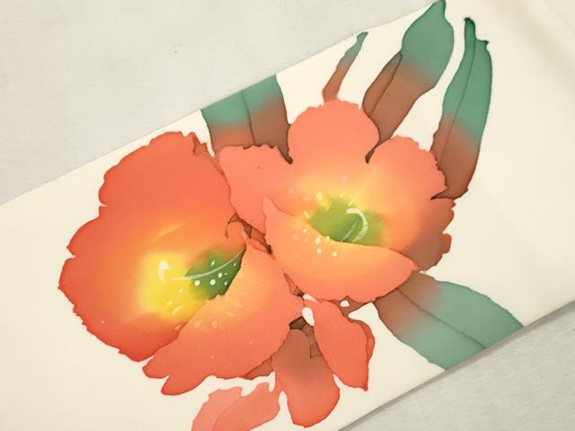 平和屋着物●塩瀬　九寸名古屋帯　作家物　ろうけつ染め　草花文　正絹　逸品　CABI7401dy