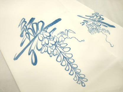 平和屋着物●塩瀬　九寸名古屋帯　手描き　藤花房　正絹　逸品　CABI7404dy
