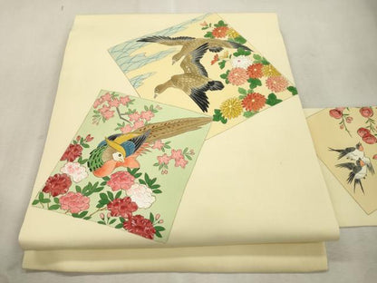 平和屋着物●塩瀬　九寸名古屋帯　手描き　花鳥文　正絹　逸品　CABI7414dy
