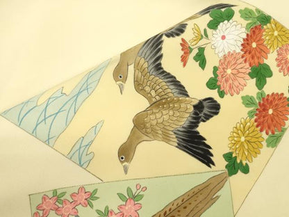 平和屋着物●塩瀬　九寸名古屋帯　手描き　花鳥文　正絹　逸品　CABI7414dy