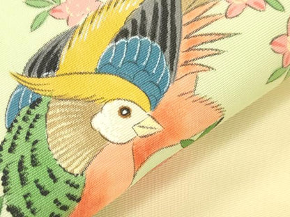 平和屋着物●塩瀬　九寸名古屋帯　手描き　花鳥文　正絹　逸品　CABI7414dy