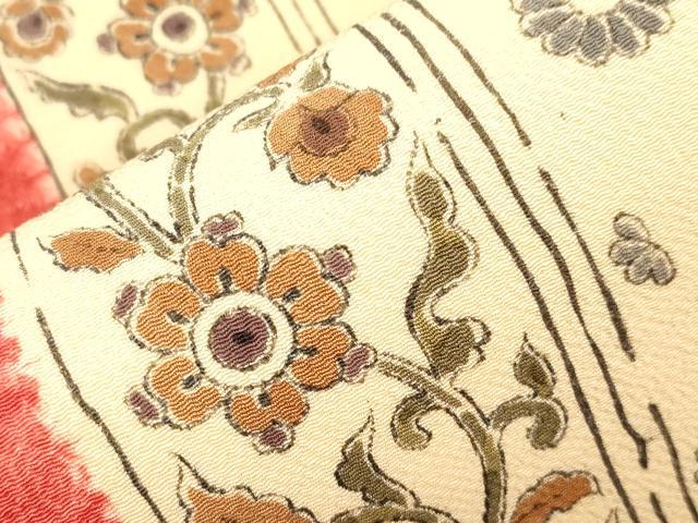 平和屋着物●摺型友禅　京都　多ち花 　九寸名古屋帯　手描き　草花間道　鬼しぼ縮緬　正絹　逸品　CABI7415dy