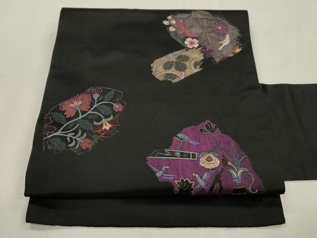 平和屋着物●アンティーク　大正ロマン　九寸名古屋帯　総刺繍　花鳥文　黒地　正絹　逸品　CABI7421dy
