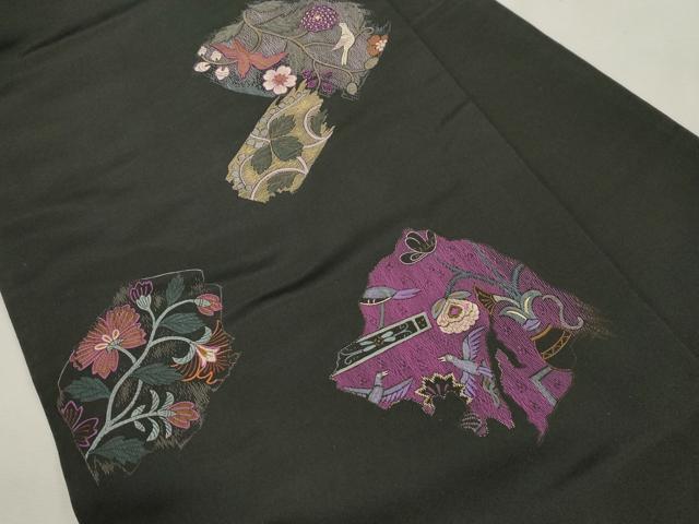 平和屋着物●アンティーク　大正ロマン　九寸名古屋帯　総刺繍　花鳥文　黒地　正絹　逸品　CABI7421dy