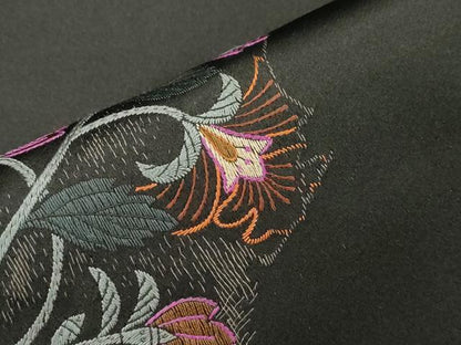 平和屋着物●アンティーク　大正ロマン　九寸名古屋帯　総刺繍　花鳥文　黒地　正絹　逸品　CABI7421dy