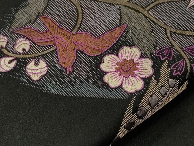 平和屋着物●アンティーク　大正ロマン　九寸名古屋帯　総刺繍　花鳥文　黒地　正絹　逸品　CABI7421dy