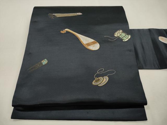平和屋着物●アンティーク　大正ロマン　九寸名古屋帯　総刺繍　楽器文　金糸　正絹　逸品　CABI7422dy
