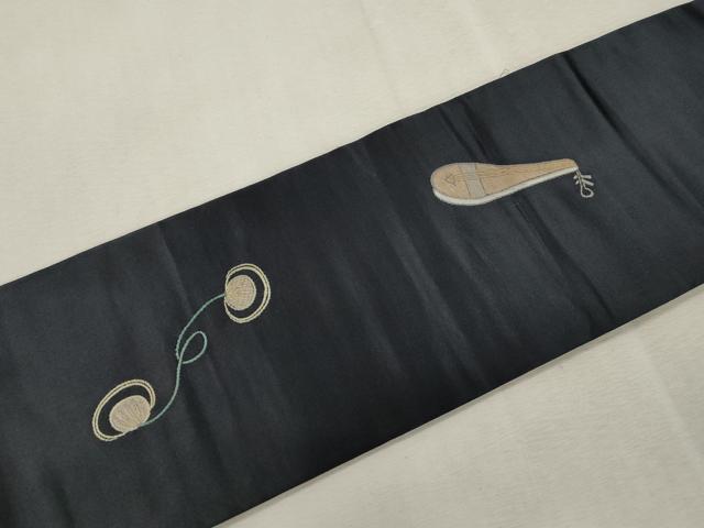 平和屋着物●アンティーク　大正ロマン　九寸名古屋帯　総刺繍　楽器文　金糸　正絹　逸品　CABI7422dy