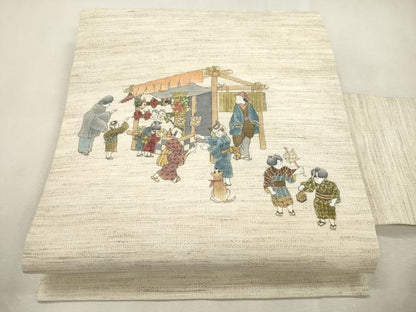 平和屋着物＊夏物　九寸名古屋帯　手描き　人物文　麻　逸品　未使用　CABI7425dy