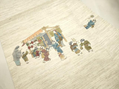 平和屋着物＊夏物　九寸名古屋帯　手描き　人物文　麻　逸品　未使用　CABI7425dy