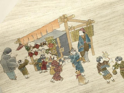 平和屋着物＊夏物　九寸名古屋帯　手描き　人物文　麻　逸品　未使用　CABI7425dy