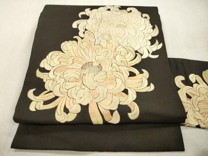 平和屋着物●アンティーク　大正ロマン　九寸名古屋帯　総手刺繍　乱菊　正絹　逸品　CABI7428dy