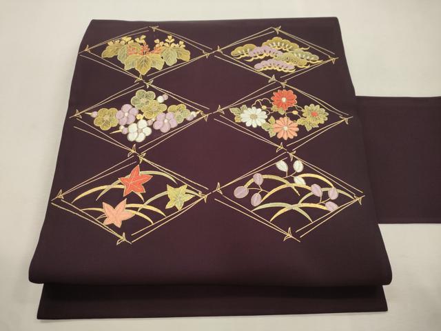 平和屋着物●九寸名古屋帯　駒刺繍　菱花　松竹梅　金彩　正絹　逸品　CABI7436dy