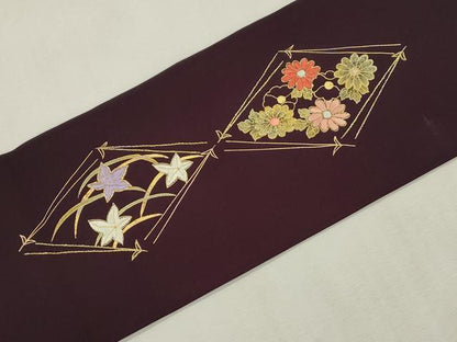 平和屋着物●九寸名古屋帯　駒刺繍　菱花　松竹梅　金彩　正絹　逸品　CABI7436dy