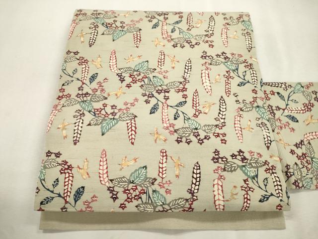 平和屋着物●九寸名古屋帯　紬地　型染め　草花文　正絹　逸品　CABI7441dy
