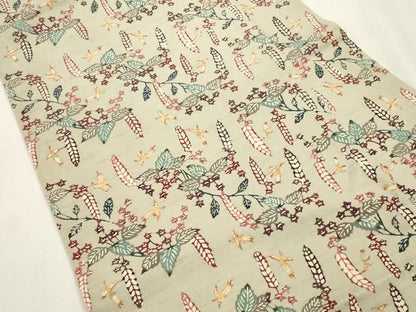 平和屋着物●九寸名古屋帯　紬地　型染め　草花文　正絹　逸品　CABI7441dy