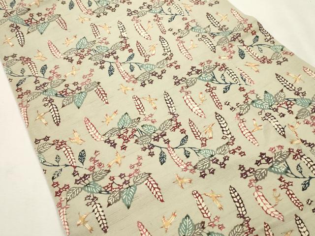 平和屋着物●九寸名古屋帯　紬地　型染め　草花文　正絹　逸品　CABI7441dy