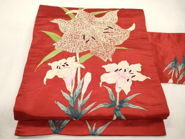 平和屋着物●アンティーク　大正ロマン　九寸名古屋帯　総手刺繍　百合　正絹　逸品　CABI7448dy
