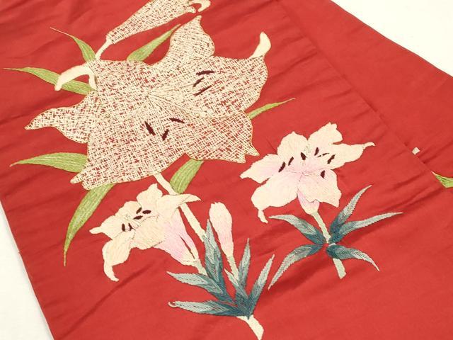 平和屋着物●アンティーク　大正ロマン　九寸名古屋帯　総手刺繍　百合　正絹　逸品　CABI7448dy