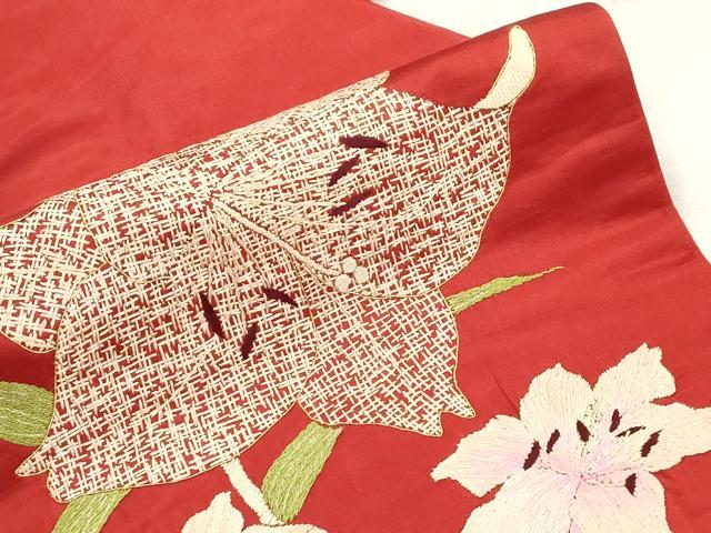 平和屋着物●アンティーク　大正ロマン　九寸名古屋帯　総手刺繍　百合　正絹　逸品　CABI7448dy