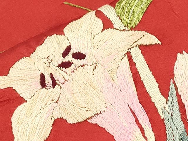 平和屋着物●アンティーク　大正ロマン　九寸名古屋帯　総手刺繍　百合　正絹　逸品　CABI7448dy