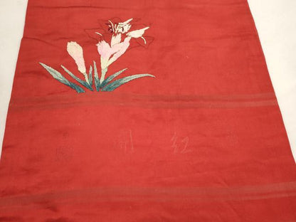平和屋着物●アンティーク　大正ロマン　九寸名古屋帯　総手刺繍　百合　正絹　逸品　CABI7448dy