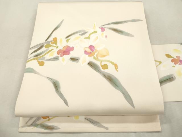 平和屋着物●京友禅作家　山科春宣　塩瀬　九寸名古屋帯　手描き　草花文　正絹　逸品　CABI7451dy