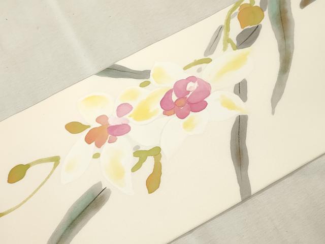 平和屋着物●京友禅作家　山科春宣　塩瀬　九寸名古屋帯　手描き　草花文　正絹　逸品　CABI7451dy